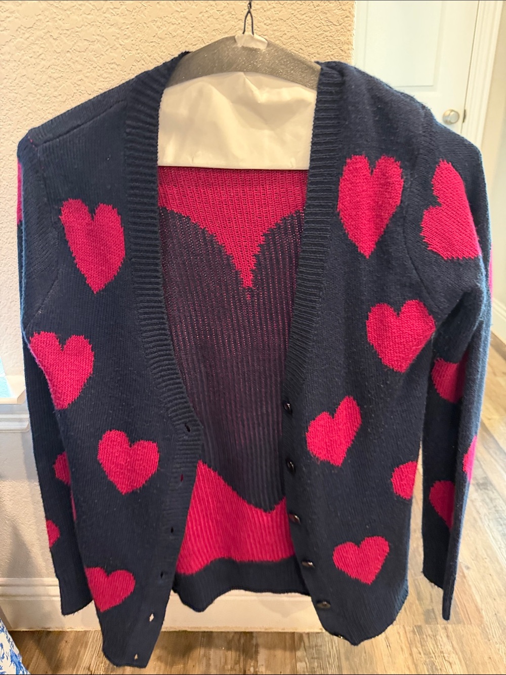 The Classic Navy Cardigan with Hot Pink Hearts